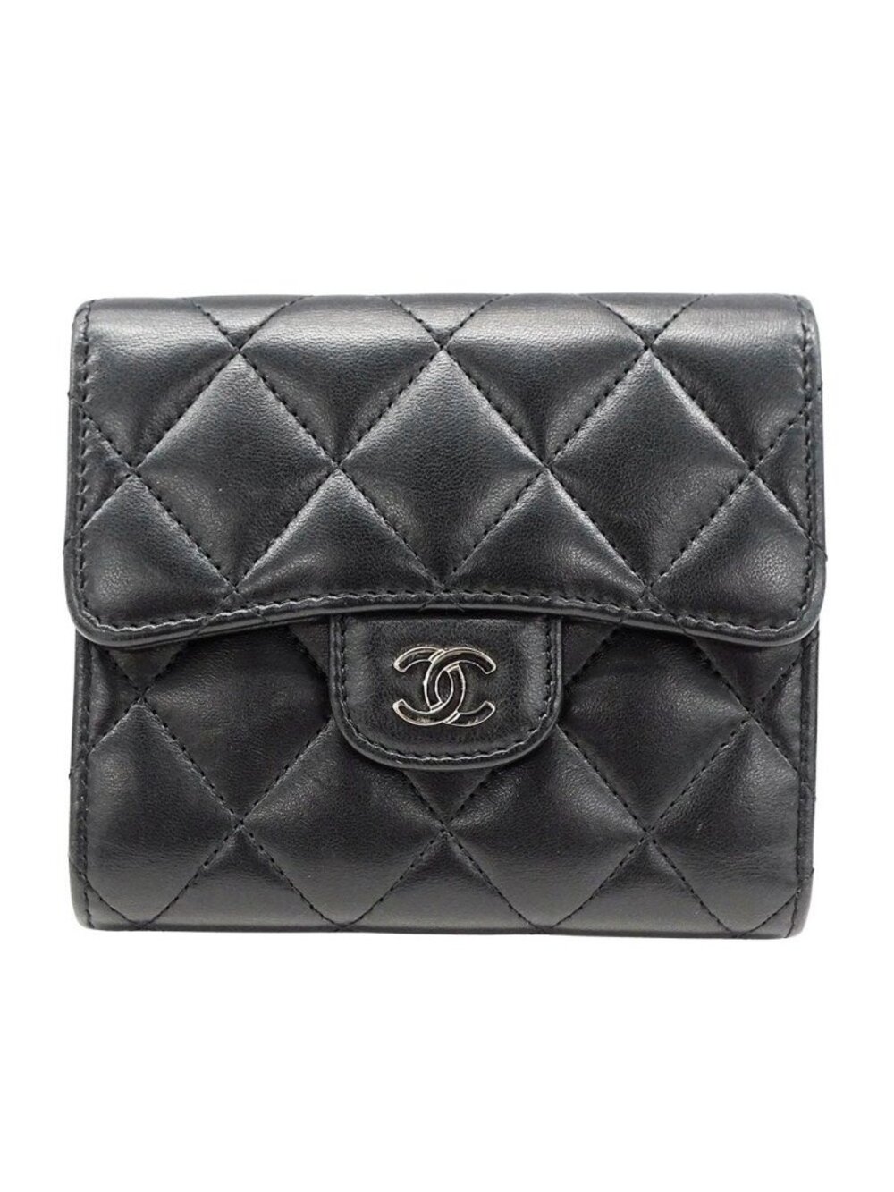 Chanel Wallet Trifold Quilted Lambskin Black Silver Adult Logo